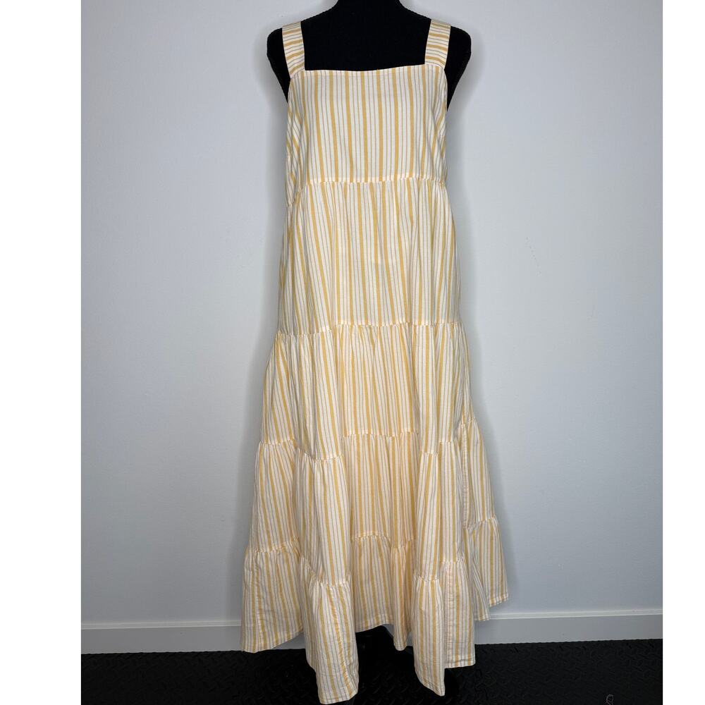 Madewell Yellow Stripe Button Back Cotton Midi Dress Square Neck Tiered Size 8